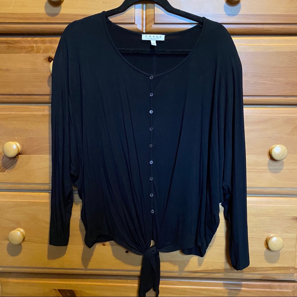 4/25$ Chaus Black Tie Button Long Sleeve Top